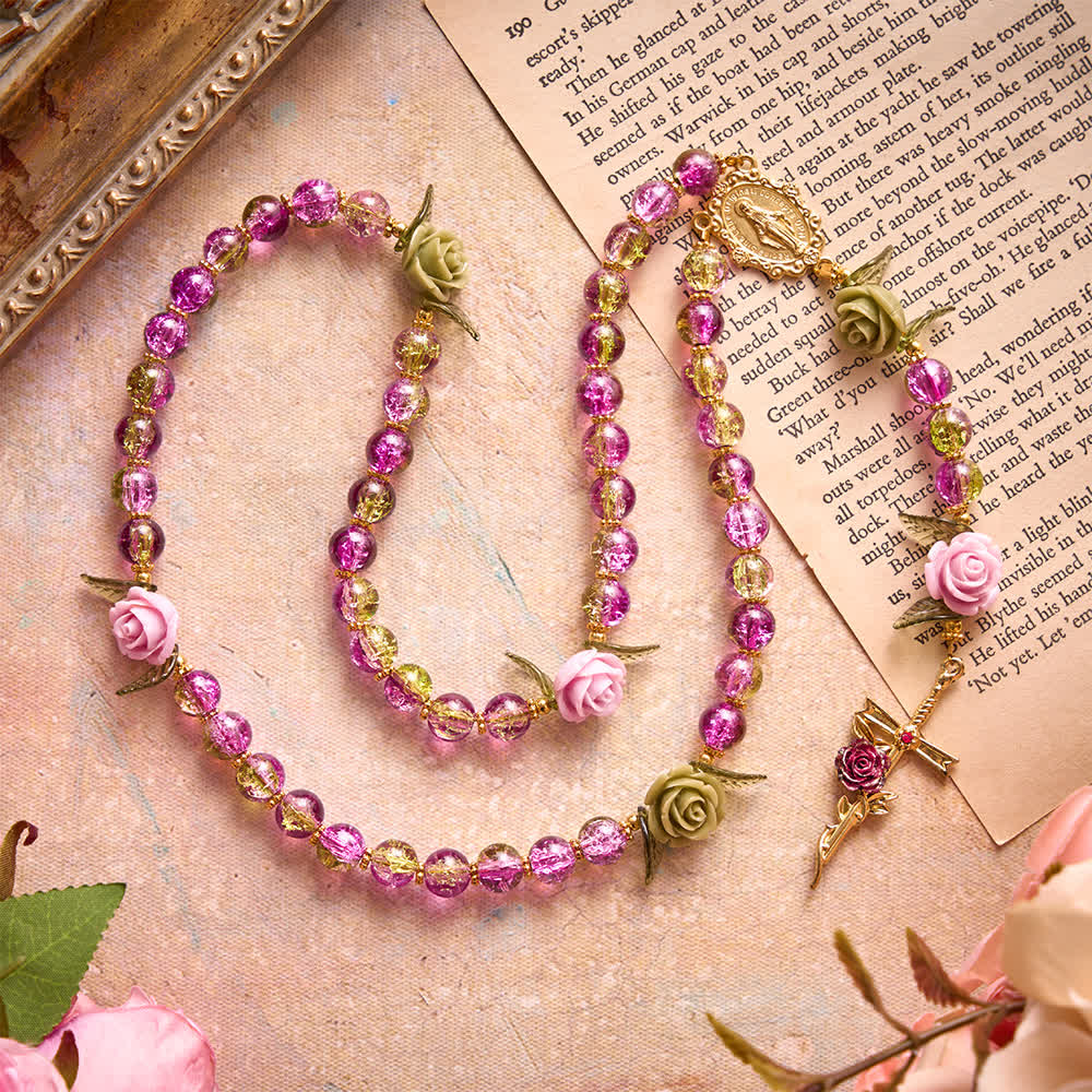 FREE Today: Pink & Green Crackle Faceted Glass Bead Rose Floral Our Lady Cross Rosary - image 3