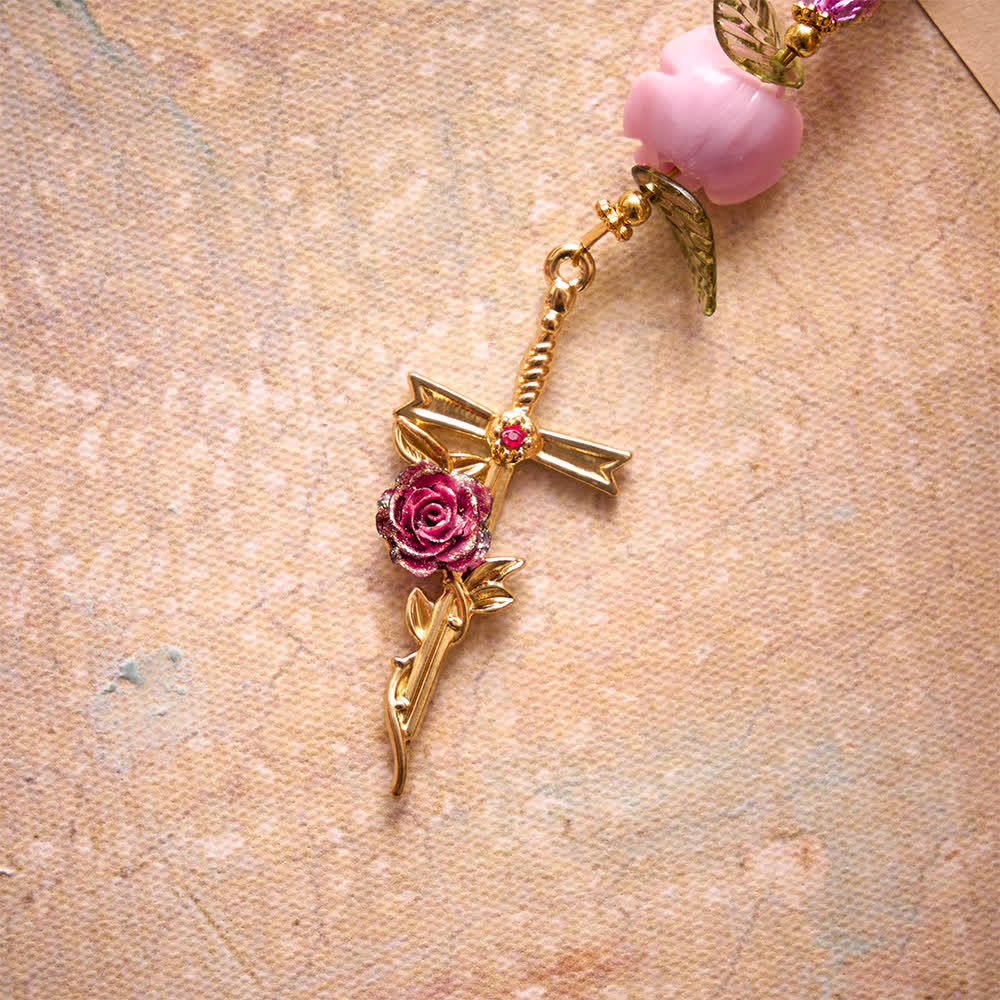 FREE Today: Pink & Green Crackle Faceted Glass Bead Rose Floral Our Lady Cross Rosary - image 6