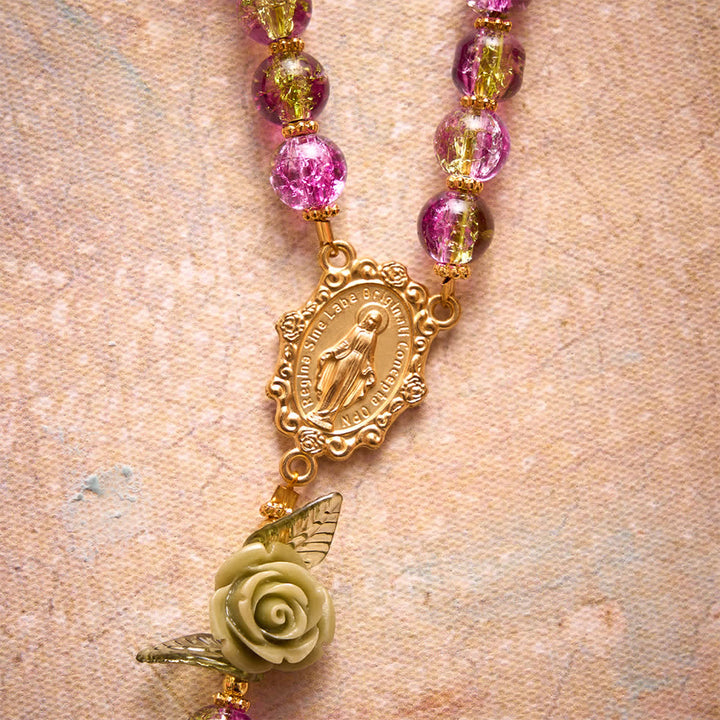FREE Today: Pink & Green Crackle Faceted Glass Bead Rose Floral Our Lady Cross Rosary - image 7