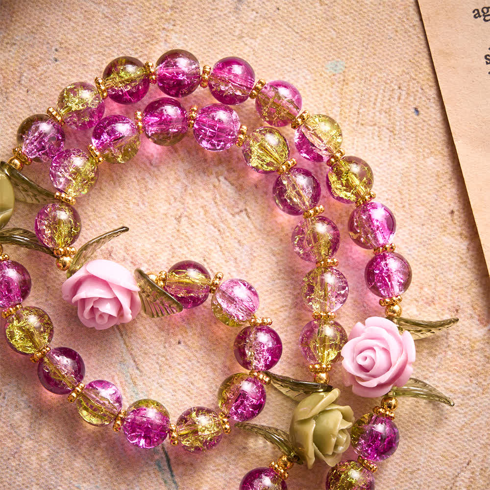 FREE Today: Pink & Green Crackle Faceted Glass Bead Rose Floral Our Lady Cross Rosary - image 4