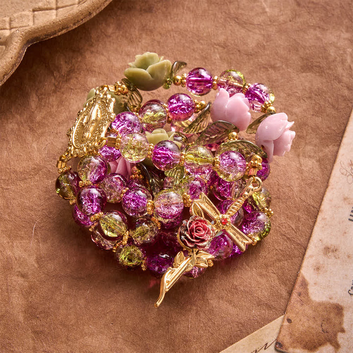 Christianartworkshop Pink & Green Crackle Faceted Glass Bead Rose Floral Our Lady Cross Rosary - image 2