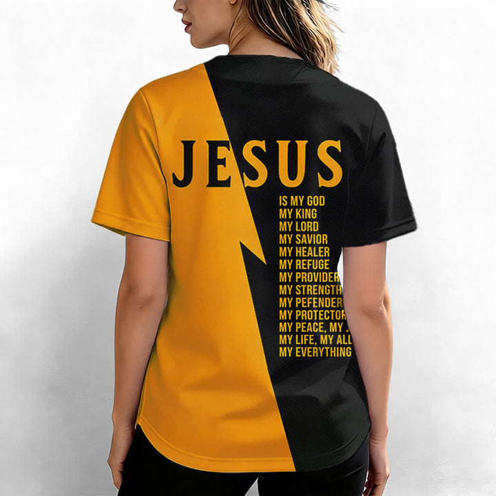 Christianartworkshop Jesus Is My God My Everything Black Gold Split Color Unisex Baseball Jersey - image 4