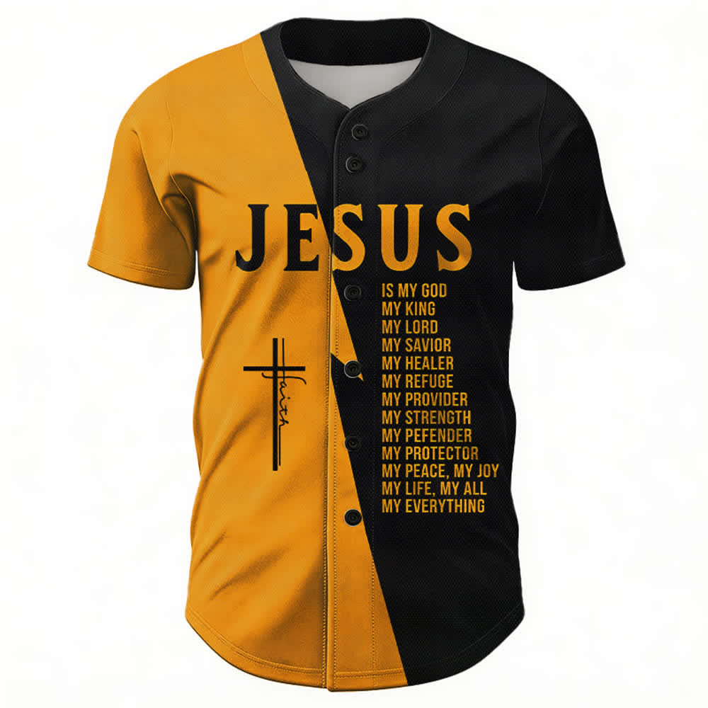 Christianartworkshop Jesus Is My God My Everything Black Gold Split Color Unisex Baseball Jersey - image 1