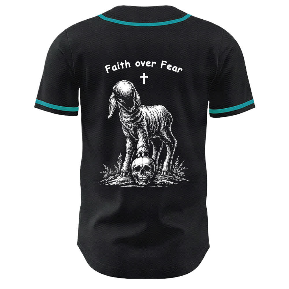 Christianartworkshop Faith Over Fear Lamb Cross Skull Graphic Unisex Baseball Jersey - image 19