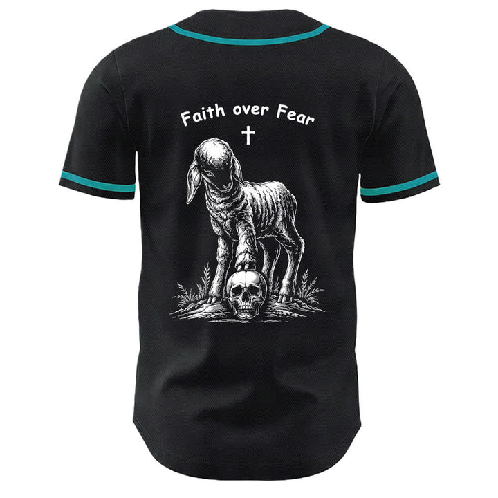 Christianartworkshop Faith Over Fear Lamb Cross Skull Graphic Unisex Baseball Jersey - image 19
