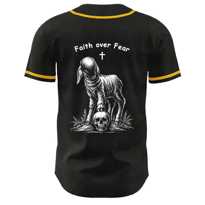 Christianartworkshop Faith Over Fear Lamb Cross Skull Graphic Unisex Baseball Jersey - image 1