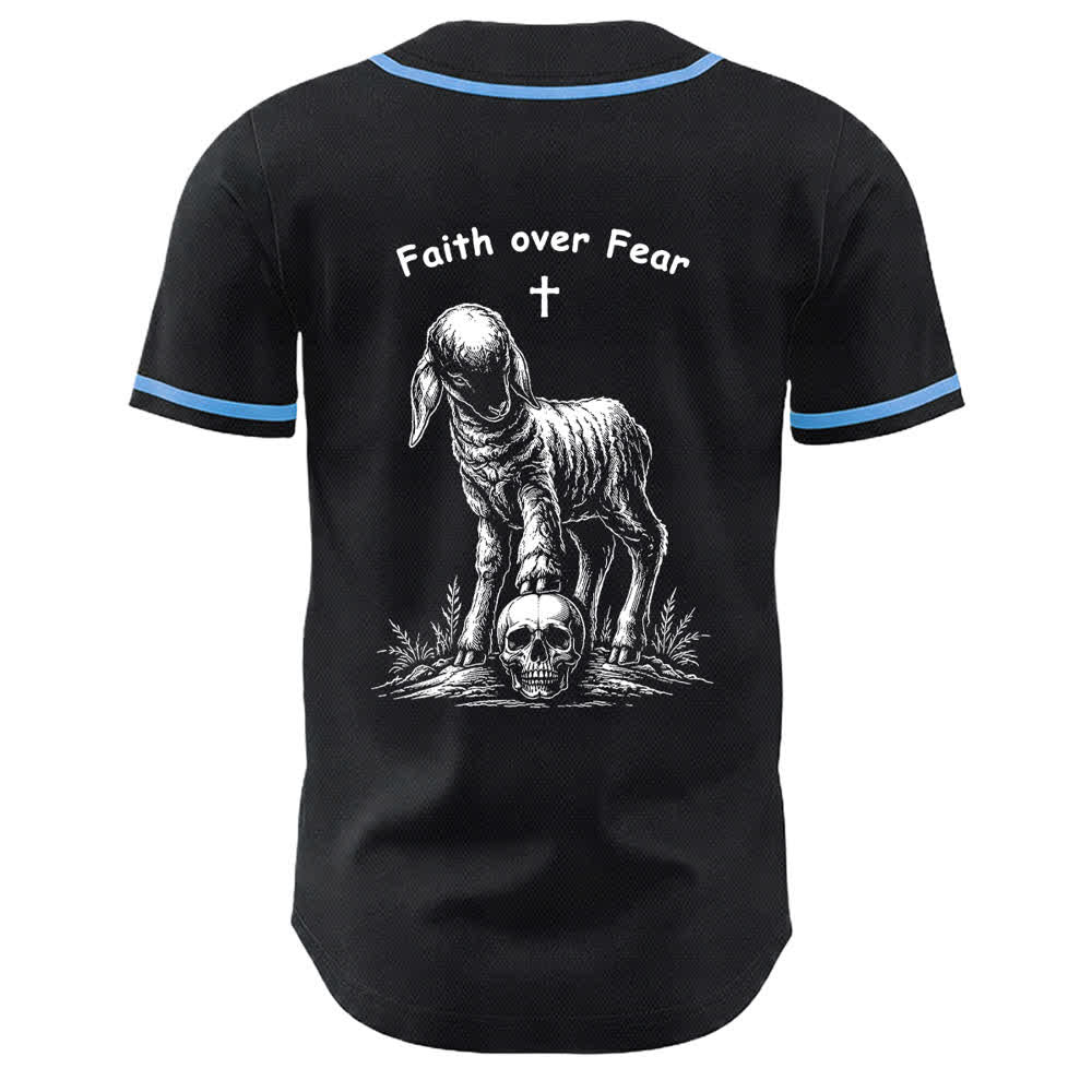 Christianartworkshop Faith Over Fear Lamb Cross Skull Graphic Unisex Baseball Jersey - image 16