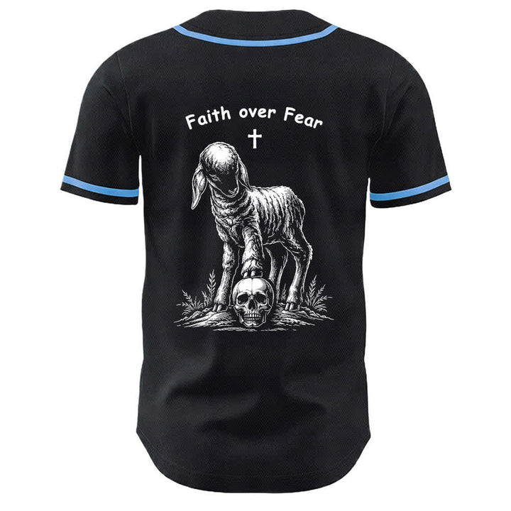Christianartworkshop Faith Over Fear Lamb Cross Skull Graphic Unisex Baseball Jersey - image 16
