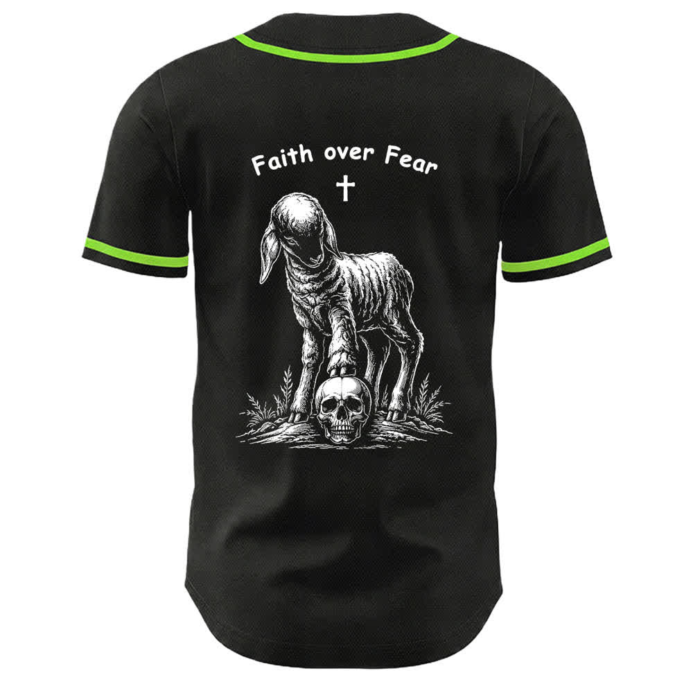 Christianartworkshop Faith Over Fear Lamb Cross Skull Graphic Unisex Baseball Jersey - image 25