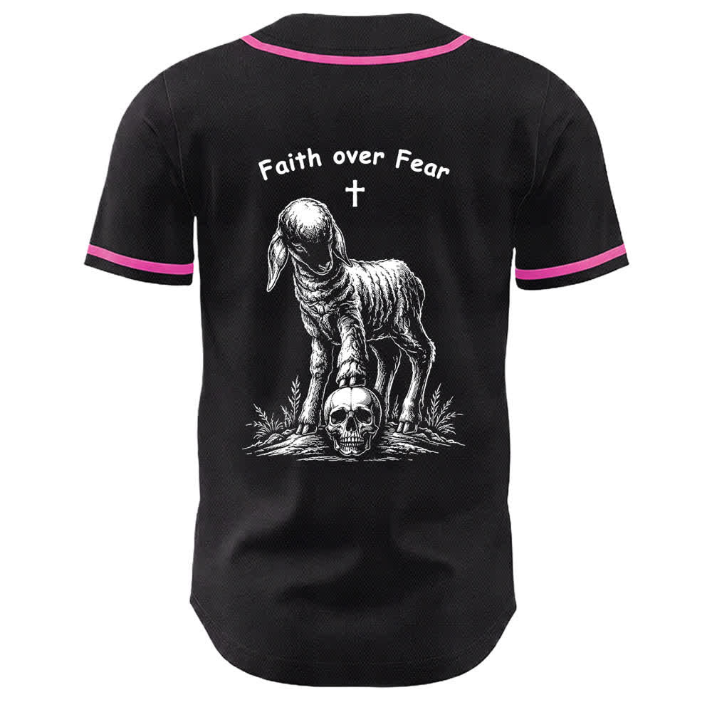 Christianartworkshop Faith Over Fear Lamb Cross Skull Graphic Unisex Baseball Jersey - image 7