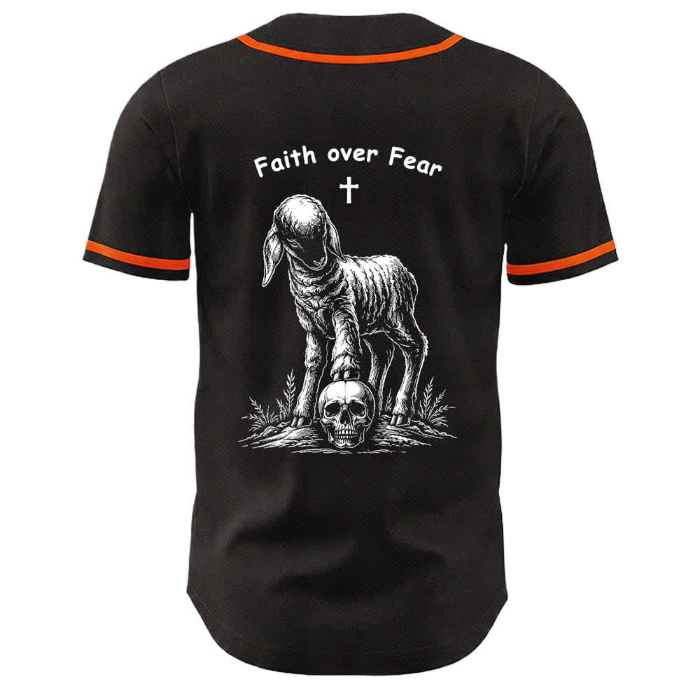Christianartworkshop Faith Over Fear Lamb Cross Skull Graphic Unisex Baseball Jersey - image 10