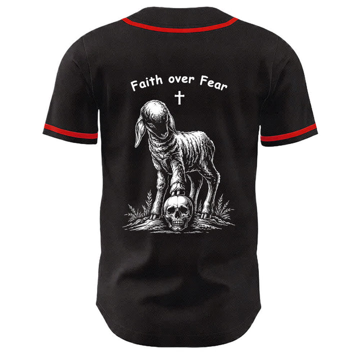 Christianartworkshop Faith Over Fear Lamb Cross Skull Graphic Unisex Baseball Jersey - image 4