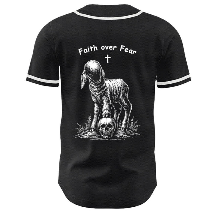 Christianartworkshop Faith Over Fear Lamb Cross Skull Graphic Unisex Baseball Jersey - image 22