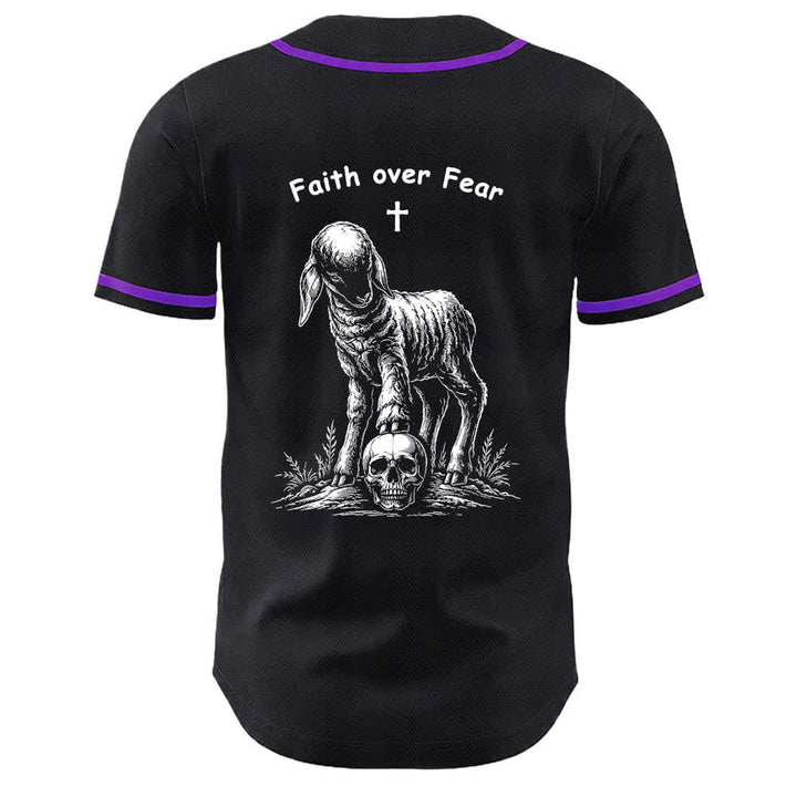 Christianartworkshop Faith Over Fear Lamb Cross Skull Graphic Unisex Baseball Jersey - image 13