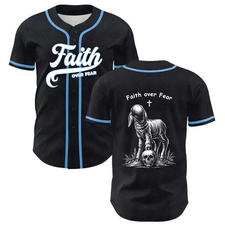 Christianartworkshop Faith Over Fear Lamb Cross Skull Graphic Unisex Baseball Jersey - Blue - 5XL - image 15