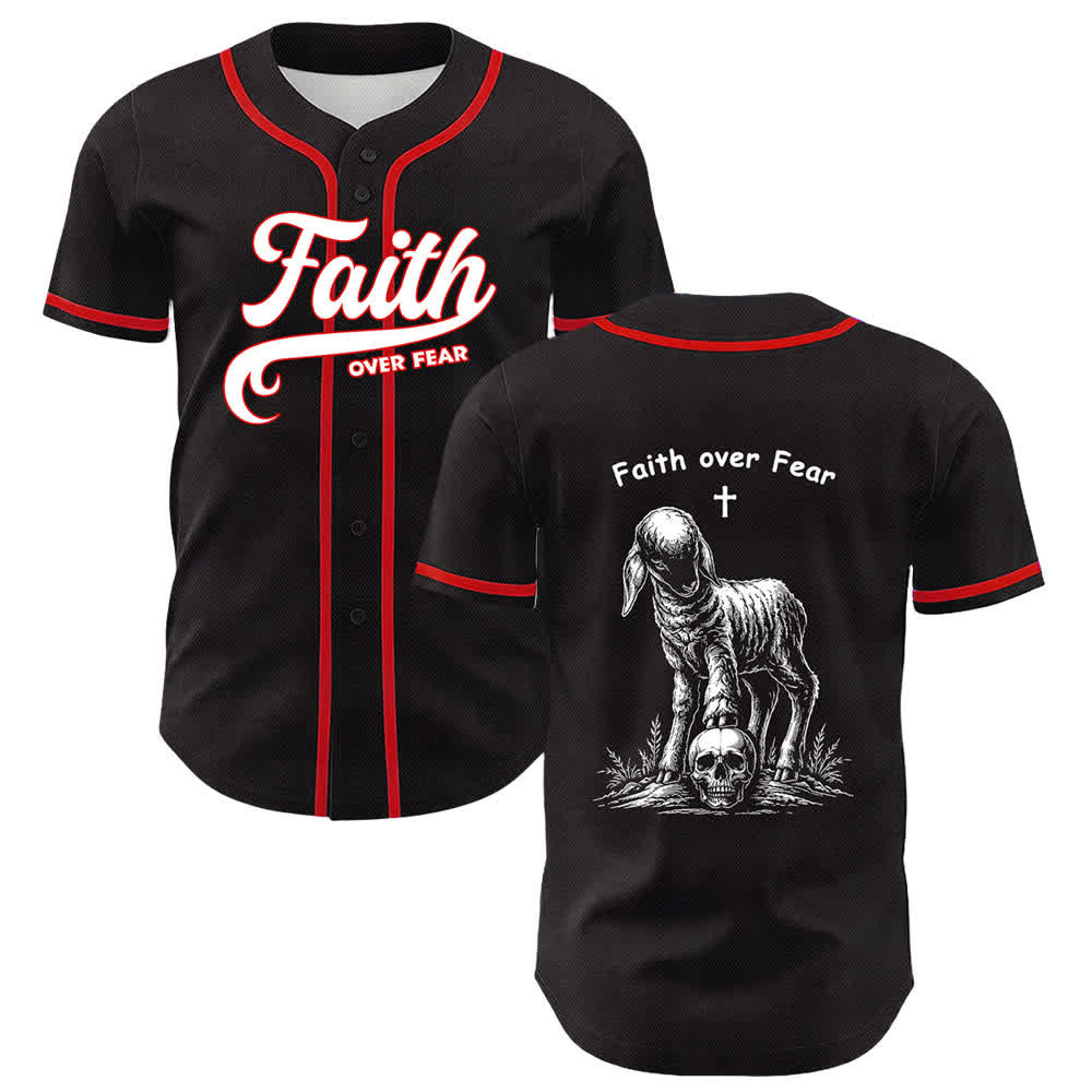 Christianartworkshop Faith Over Fear Lamb Cross Skull Graphic Unisex Baseball Jersey - Red - 5XL - image 3