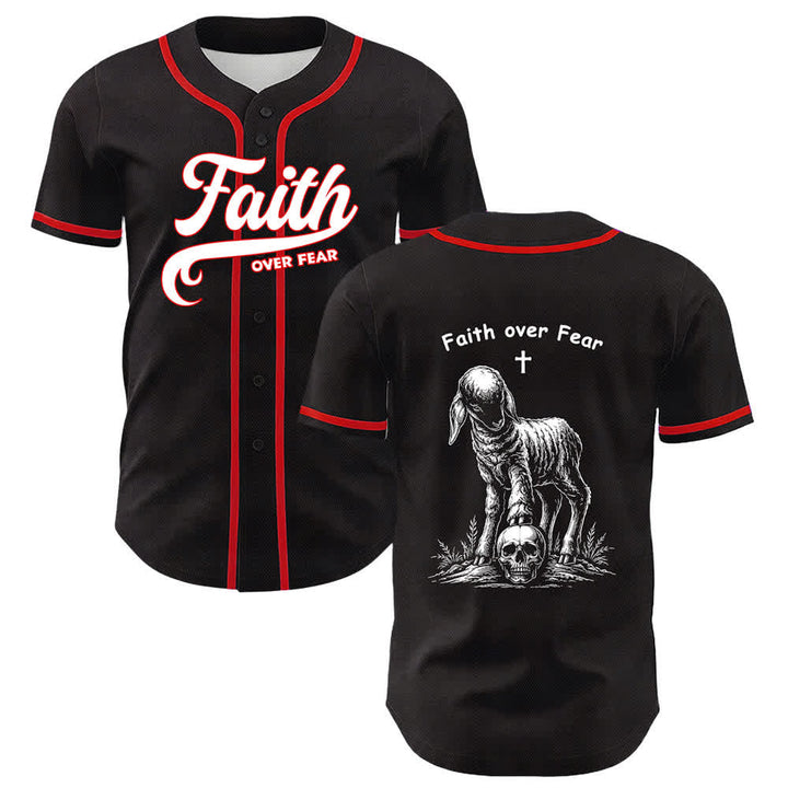 Christianartworkshop Faith Over Fear Lamb Cross Skull Graphic Unisex Baseball Jersey - Red - 5XL - image 3