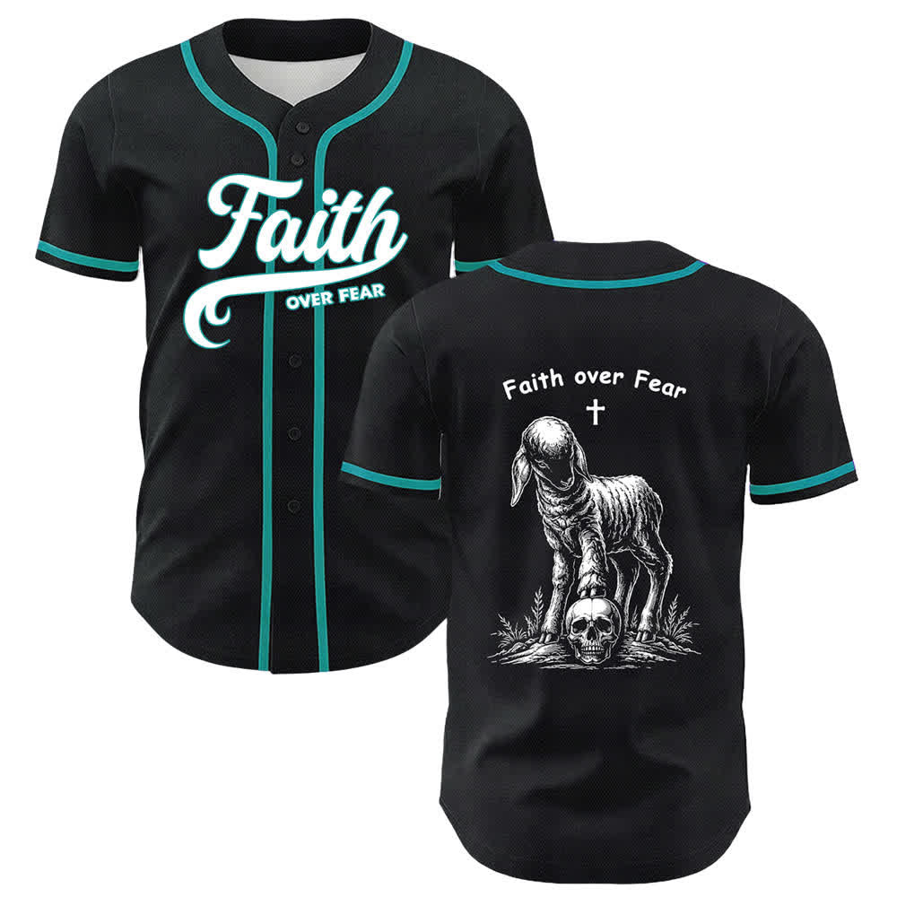 Christianartworkshop Faith Over Fear Lamb Cross Skull Graphic Unisex Baseball Jersey - Dark Green - 5XL - image 18