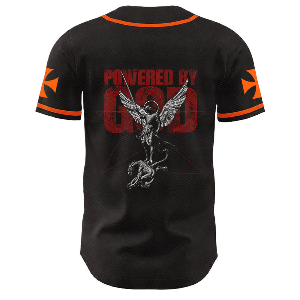 Christianartworkshop Powered By God Warrior Angel Knight Cross Christian Baseball Jersey - image 1