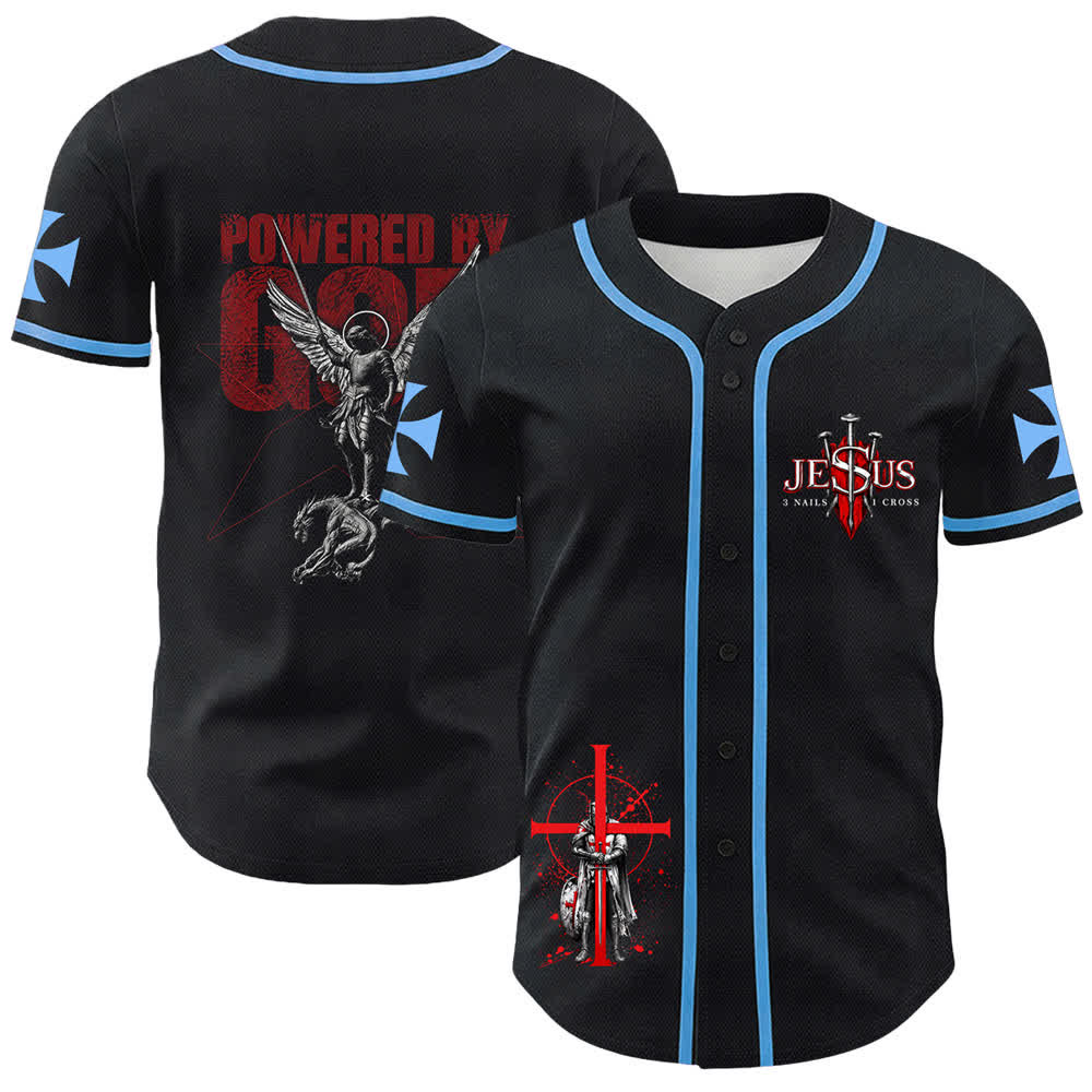 Christianartworkshop Powered By God Warrior Angel Knight Cross Christian Baseball Jersey - Blue - 5XL - image 9