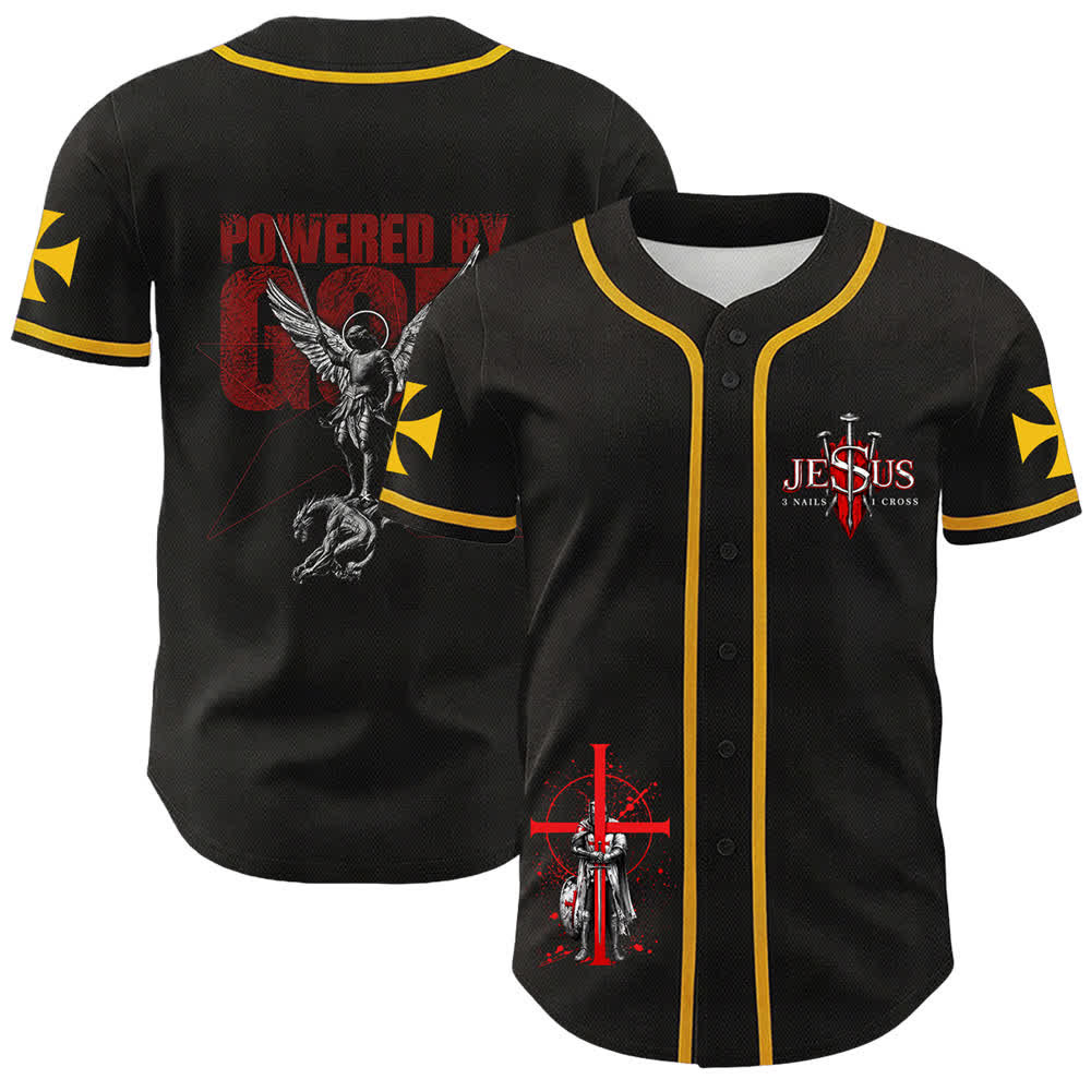 Christianartworkshop Powered By God Warrior Angel Knight Cross Christian Baseball Jersey - Yellow - 5XL - image 3