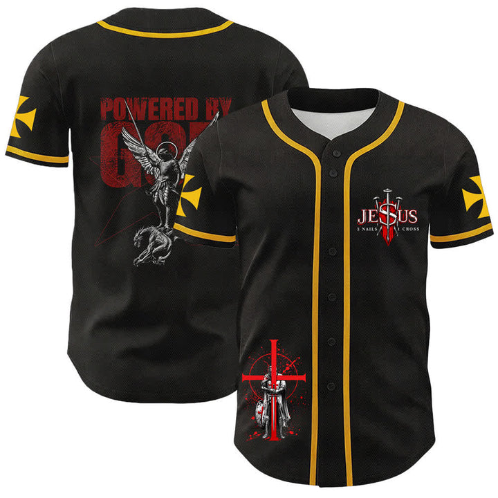 Christianartworkshop Powered By God Warrior Angel Knight Cross Christian Baseball Jersey - Yellow - 5XL - image 3