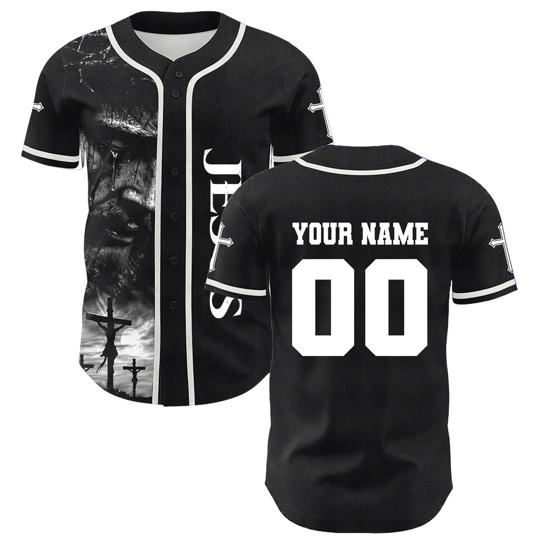 Christianartworkshop Jesus Crucifixion Custom Name Number Cross Sleeve Unisex Baseball Jersey - White - 5XL - image 9
