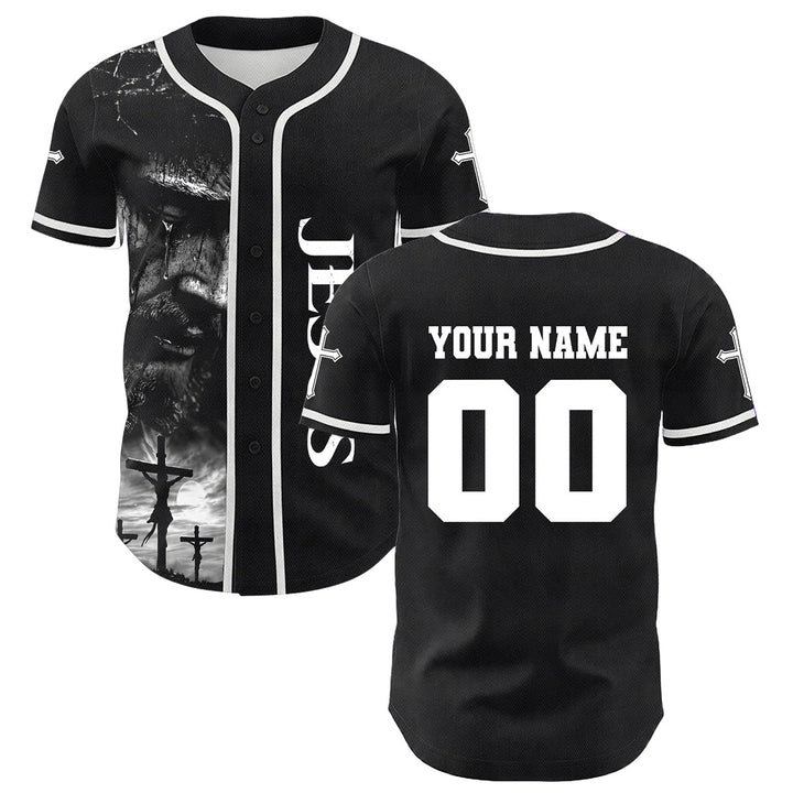 Christianartworkshop Jesus Crucifixion Custom Name Number Cross Sleeve Unisex Baseball Jersey - White - 5XL - image 9