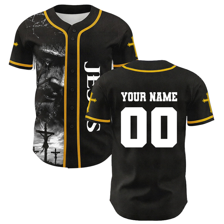 Christianartworkshop Jesus Crucifixion Custom Name Number Cross Sleeve Unisex Baseball Jersey - Yellow - 5XL - image 3