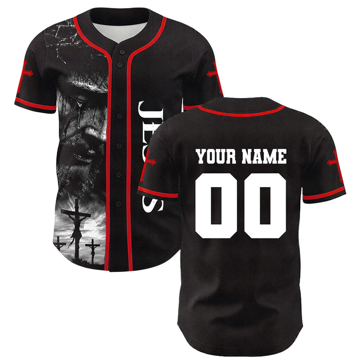 Christianartworkshop Jesus Crucifixion Custom Name Number Cross Sleeve Unisex Baseball Jersey - Red - 5XL - image 15