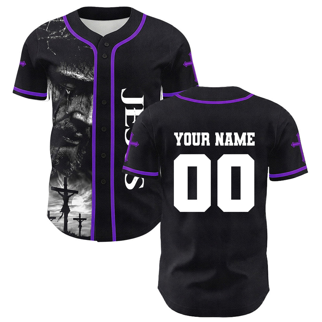 Christianartworkshop Jesus Crucifixion Custom Name Number Cross Sleeve Unisex Baseball Jersey - Purple - 5XL - image 21