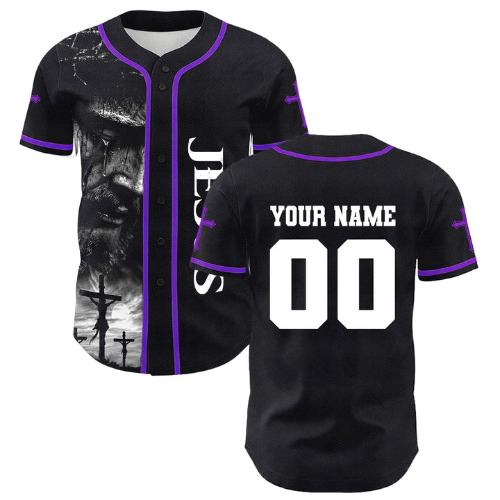 Christianartworkshop Jesus Crucifixion Custom Name Number Cross Sleeve Unisex Baseball Jersey - Purple - 5XL - image 21