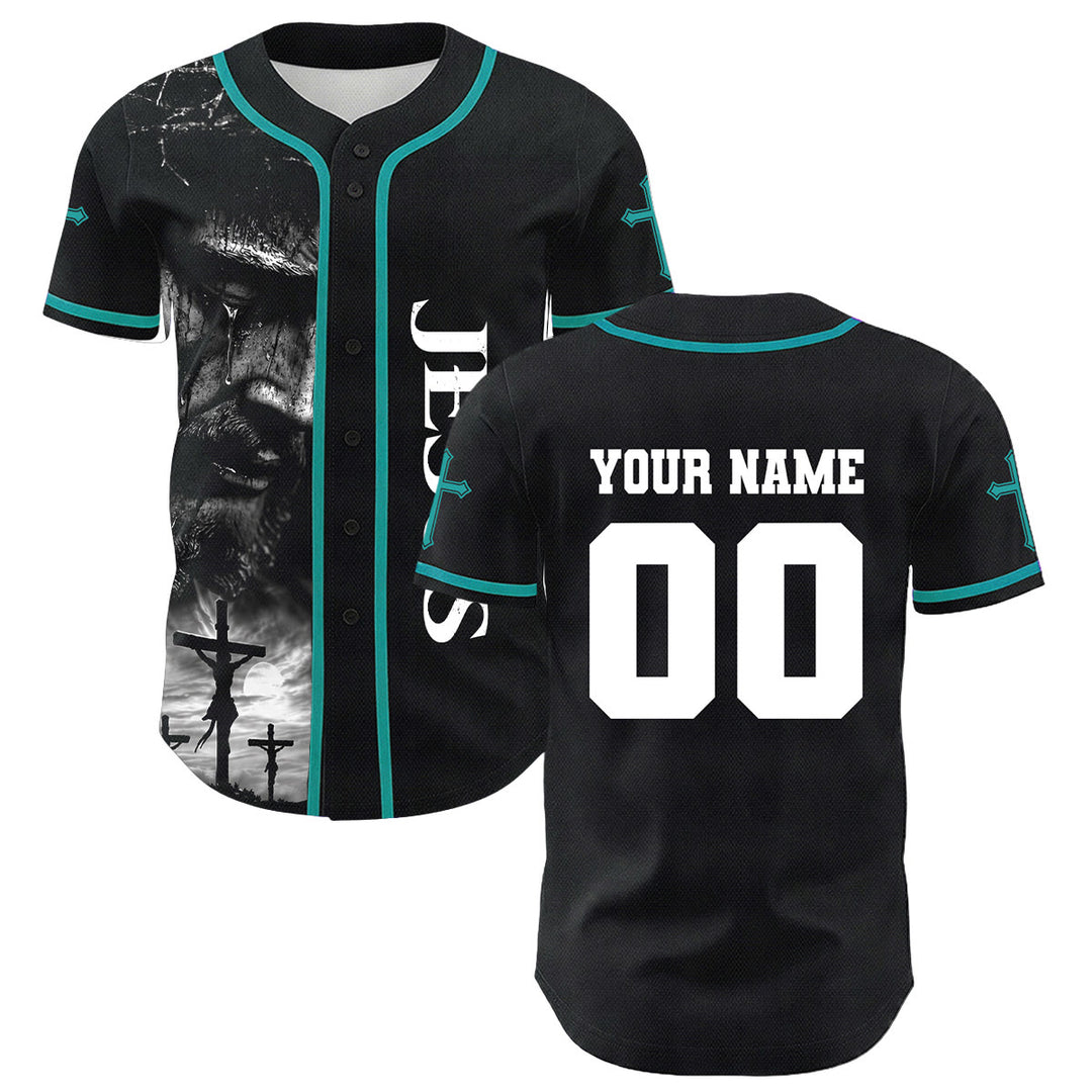 Christianartworkshop Jesus Crucifixion Custom Name Number Cross Sleeve Unisex Baseball Jersey - Dark Green - 5XL - image 24