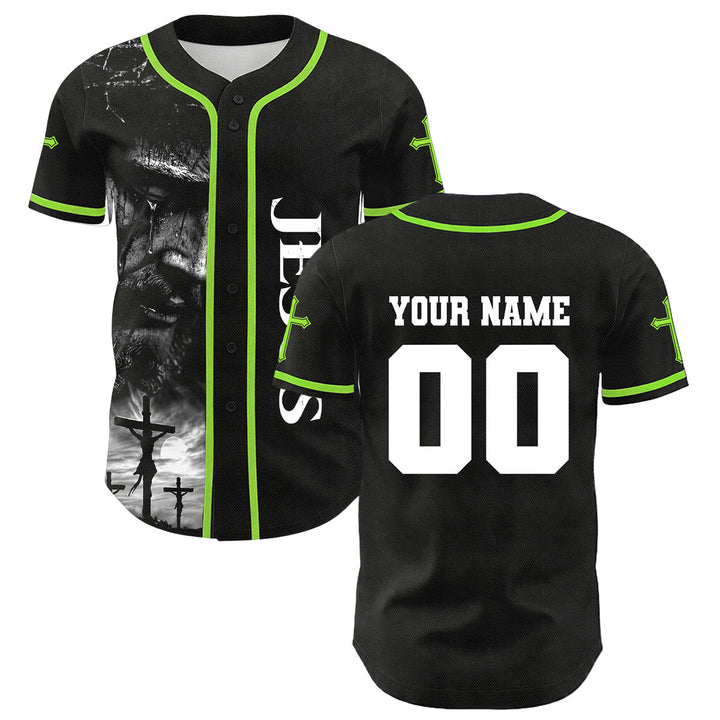 Christianartworkshop Jesus Crucifixion Custom Name Number Cross Sleeve Unisex Baseball Jersey - Light Green - 5XL - image 0