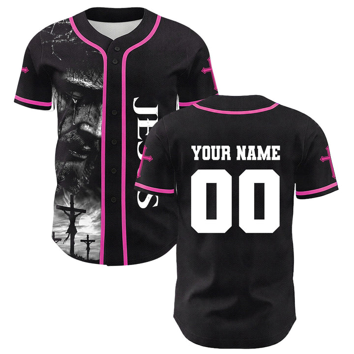 Christianartworkshop Jesus Crucifixion Custom Name Number Cross Sleeve Unisex Baseball Jersey - Pink - 5XL - image 12