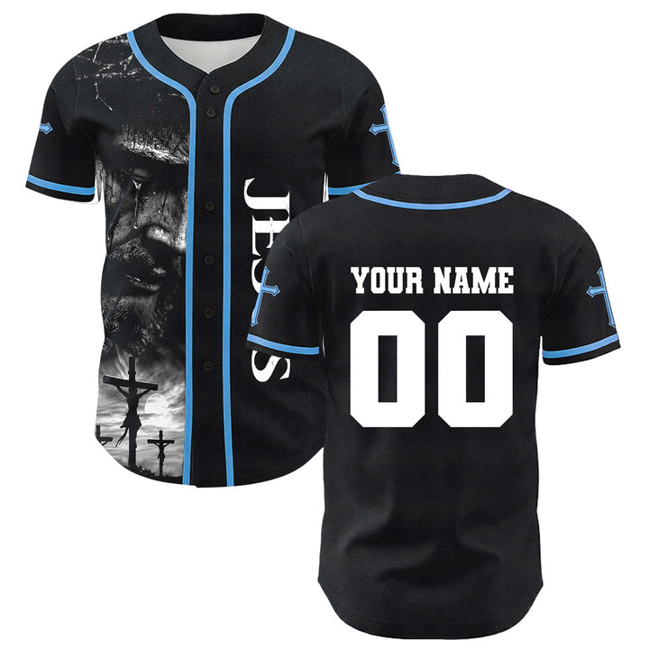 Christianartworkshop Jesus Crucifixion Custom Name Number Cross Sleeve Unisex Baseball Jersey - Blue - 5XL - image 6