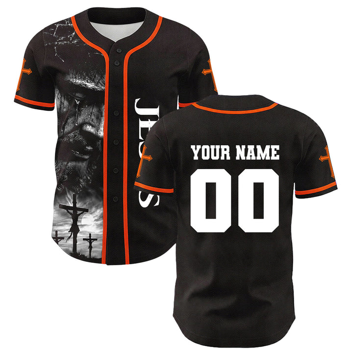 Christianartworkshop Jesus Crucifixion Custom Name Number Cross Sleeve Unisex Baseball Jersey - Orange - 5XL - image 18