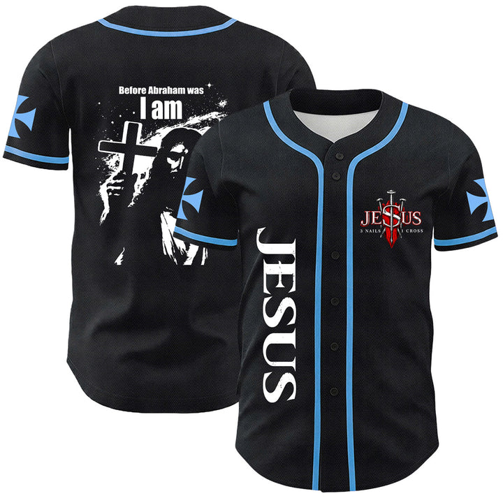 Christianartworkshop Before Abraham Was I Am Jesus Cross Nail Graphic Unisex Baseball Jersey - Blue - 5XL - image 6