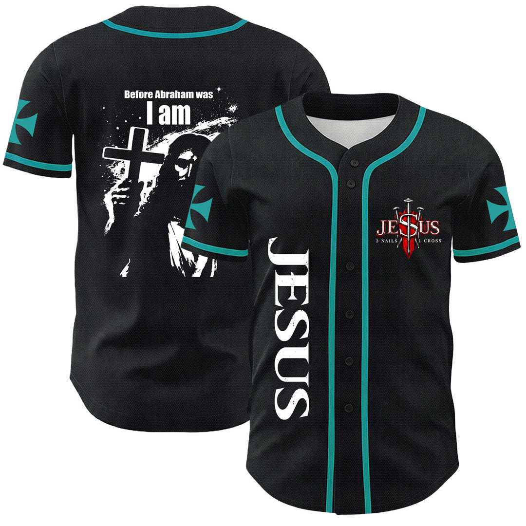 Christianartworkshop Before Abraham Was I Am Jesus Cross Nail Graphic Unisex Baseball Jersey - Dark Green - 5XL - image 24