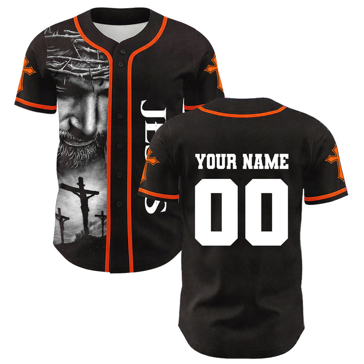 Christianartworkshop Crown Of Thorns Jesus Custom Name Number Cross Sleeve Unisex Baseball Jersey - Orange - 5XL - image 15