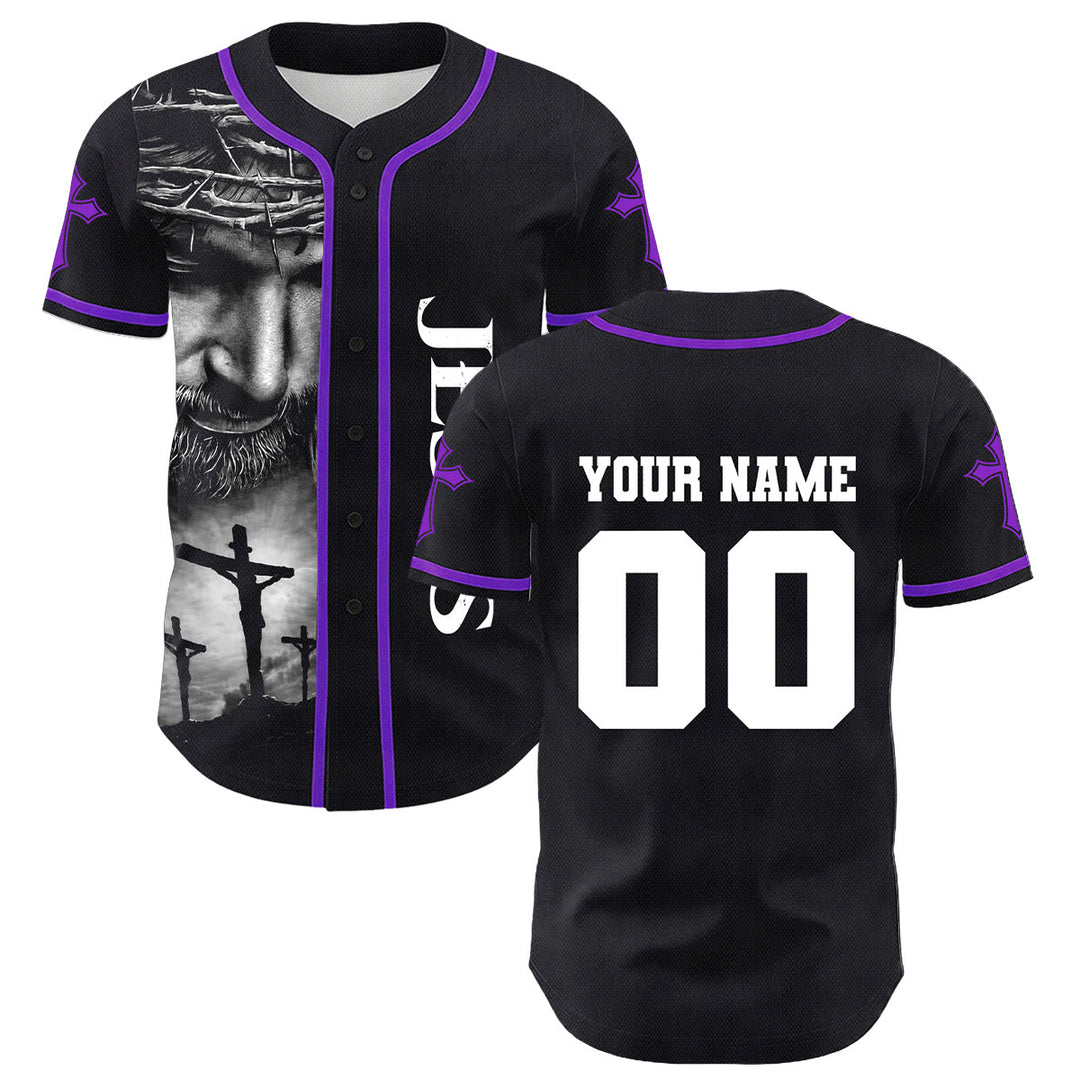 Christianartworkshop Crown Of Thorns Jesus Custom Name Number Cross Sleeve Unisex Baseball Jersey - Purple - 5XL - image 21