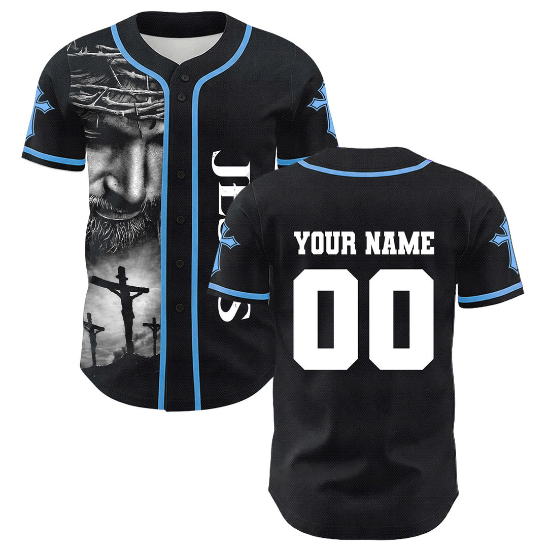 Christianartworkshop Crown Of Thorns Jesus Custom Name Number Cross Sleeve Unisex Baseball Jersey - Blue - 5XL - image 6