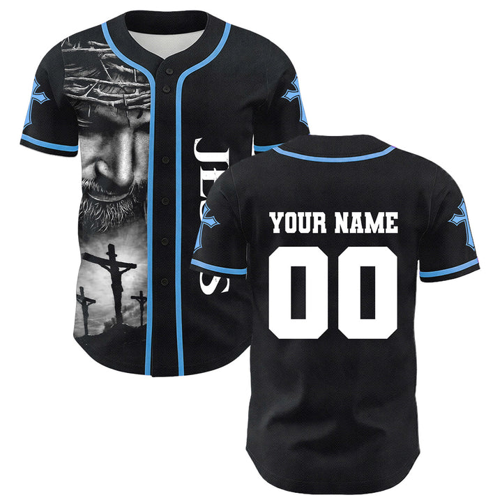 Christianartworkshop Crown Of Thorns Jesus Custom Name Number Cross Sleeve Unisex Baseball Jersey - Blue - 5XL - image 6