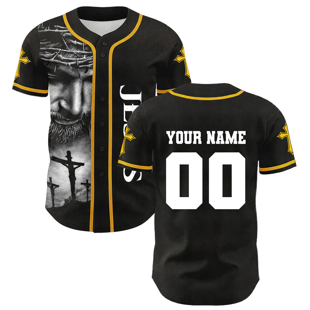 Christianartworkshop Crown Of Thorns Jesus Custom Name Number Cross Sleeve Unisex Baseball Jersey - Yellow - 5XL - image 3