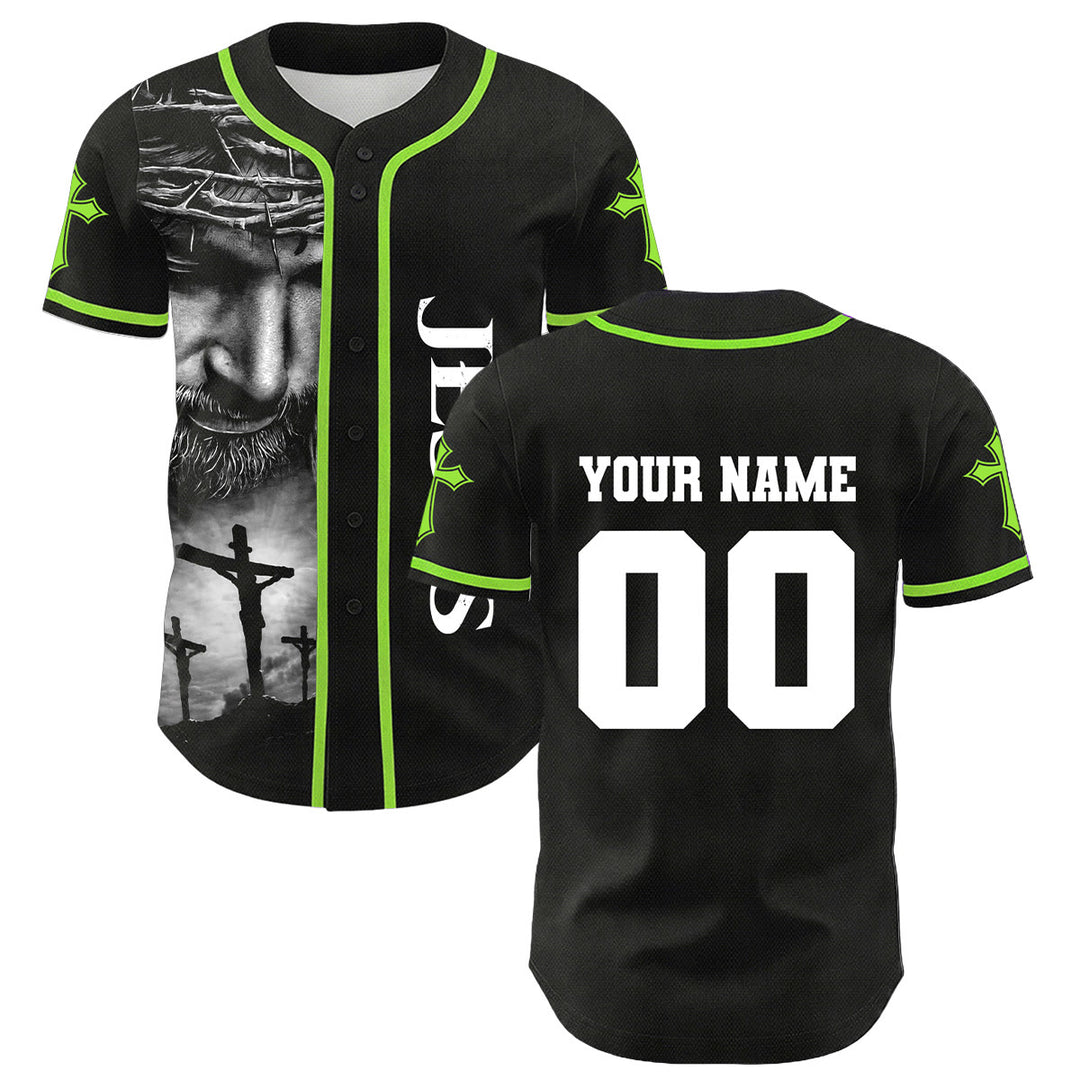 Christianartworkshop Crown Of Thorns Jesus Custom Name Number Cross Sleeve Unisex Baseball Jersey - Light Green - 5XL - image 18