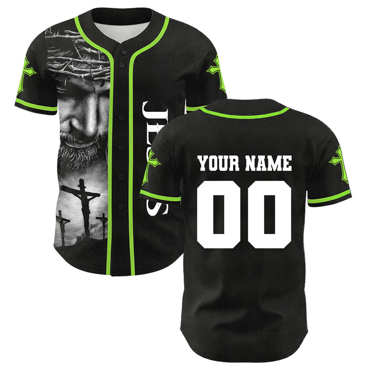 Christianartworkshop Crown Of Thorns Jesus Custom Name Number Cross Sleeve Unisex Baseball Jersey - Light Green - 5XL - image 18