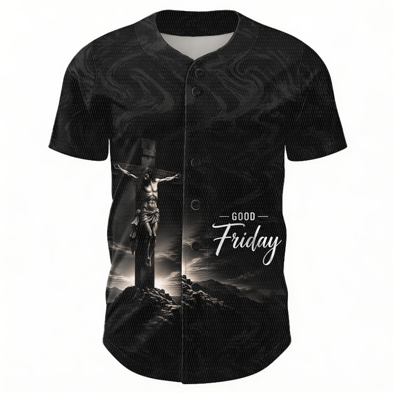 Christianartworkshop Good Friday Jesus Crucifixion Cross Swirl Background Unisex Baseball Jersey - image 2
