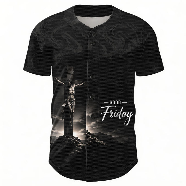 Christianartworkshop Good Friday Jesus Crucifixion Cross Swirl Background Unisex Baseball Jersey - image 2