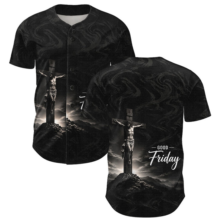 Christianartworkshop Good Friday Jesus Crucifixion Cross Swirl Background Unisex Baseball Jersey - White - 5XL - image 0