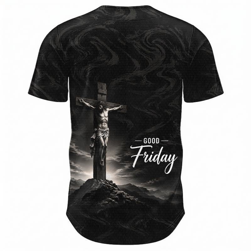Christianartworkshop Good Friday Jesus Crucifixion Cross Swirl Background Unisex Baseball Jersey - image 1